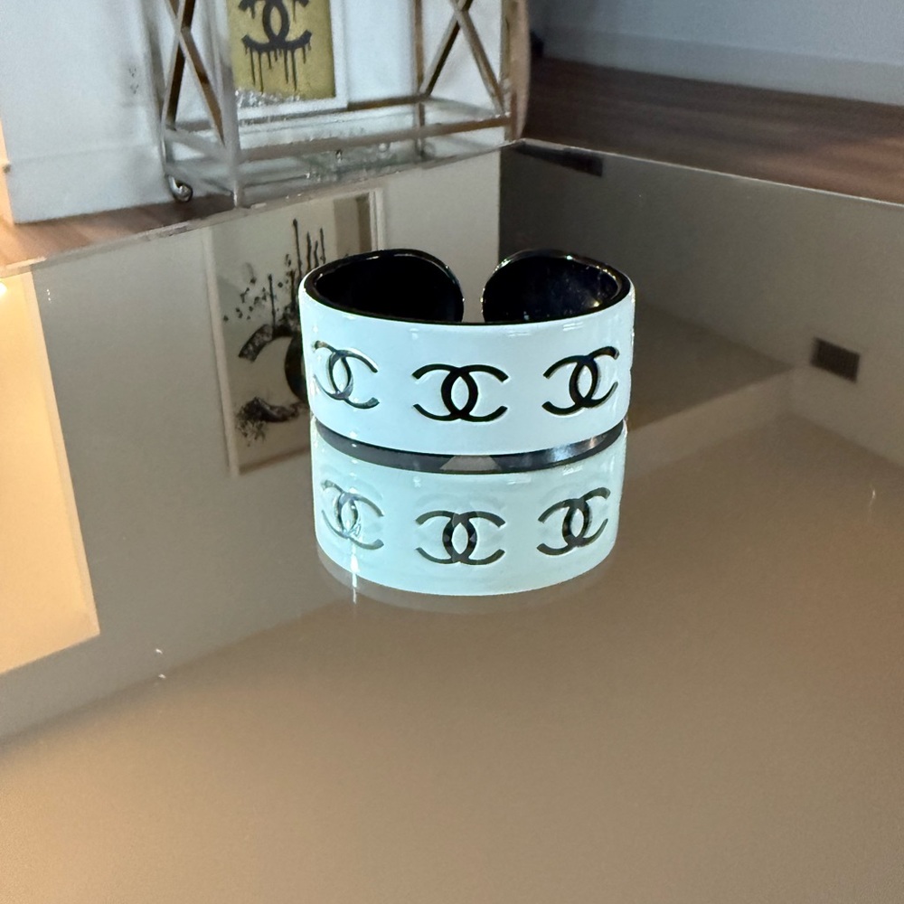 CHANEL Black and White Logo Cuff Bracelet